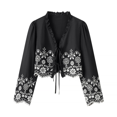 Damen Besticktes Kurzbolero mit Rüschen-V-Ausschnitt und Schnürverschluss Nord Taschen