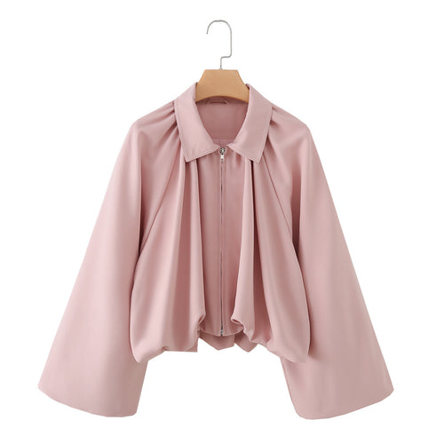 Damen Kurzjacke mit Kräusel-Volants, weitem Ärmel und Reißverschluss Nord Taschen