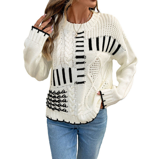 Damen Grobstrick-Pullover mit Zopfmuster, Ajour‑Details und kontrastierenden Streifen Nord Taschen