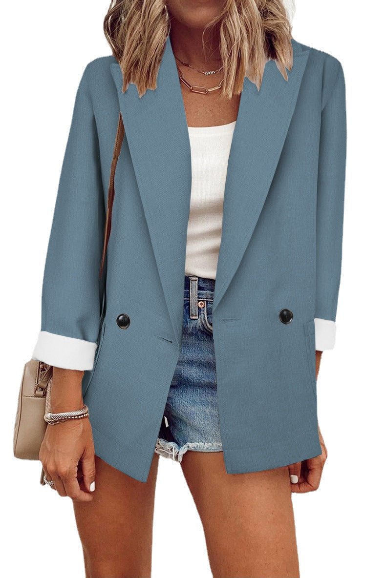 Damen Lockerer Longline-Blazer mit aufgekrempelten Ärmeln und zweireihiger Knopfleiste Nord Taschen
