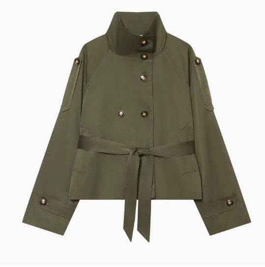 Damen 10+ Cropped Doppelreihige Kurzjacke mit Stehkragen und Taillengürtel Nord Taschen