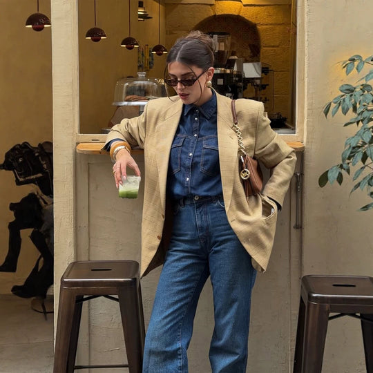 Damen Oversize Glencheck-Blazer im kastigen Boxy‑Schnitt mit markanter Schulterpartie Nord Taschen