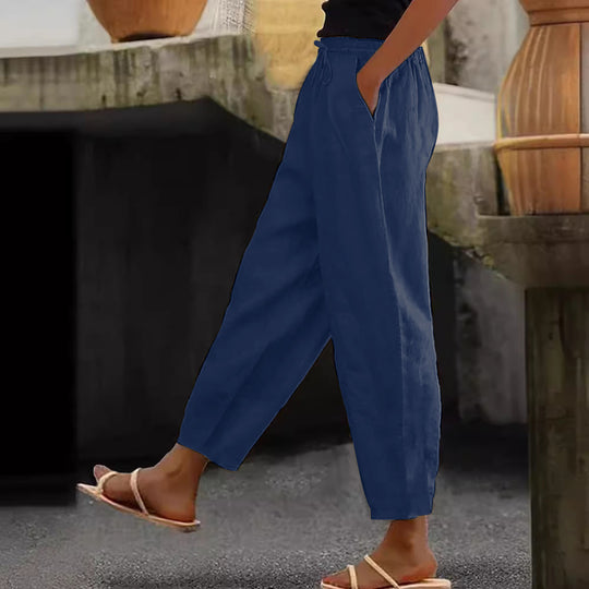 Damen Leinen-Mischung Cropped-Hose mit elastischem Bund, Kordelzug und Seitentaschen Nord Taschen