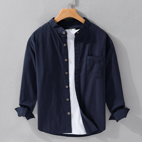 Herren Hemdjacke im Mandarinstil aus Baumwoll-Twill, Relaxed-Fit, mit aufgesetzter Brusttasche und Holzknöpfen Nord Taschen