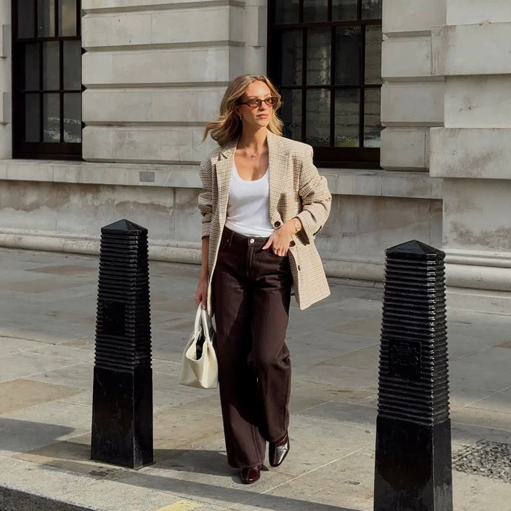 Damen Oversize Glencheck-Sakko mit kastiger Silhouette und aufgesetzten Taschen Nord Taschen
