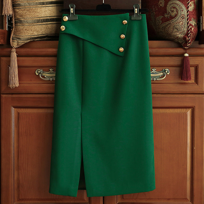 Damen Eleganter Midirock mit asymmetrischem Schnitt und Goldknöpfen Nord Taschen