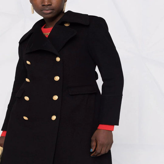 Damen Taillierter Doppelreihiger Mantel im Marine-Style mit goldenen Zierknöpfen und Pattentaschen Nord Taschen