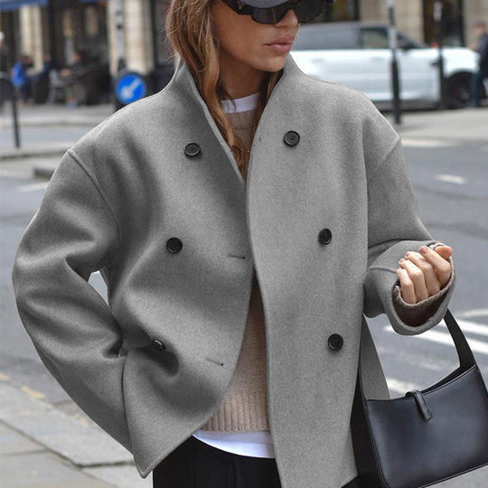 Damen modische Wolljacke mit doppelter Knopfleiste und hohen Kragen