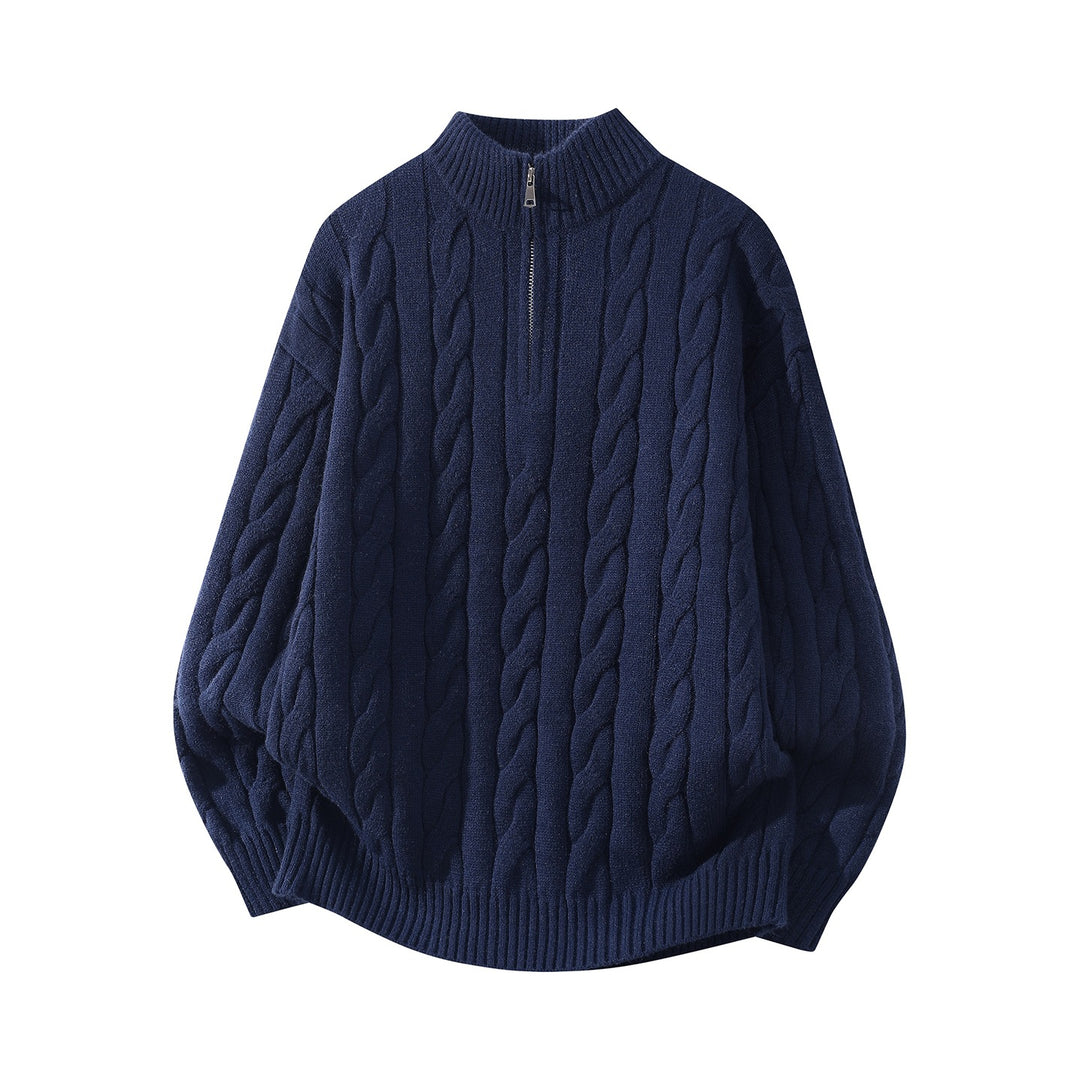 Damen Oversize Zopfmuster-Halbreißverschluss-Pullover mit Ballonärmeln und Stehkragen Nord Taschen