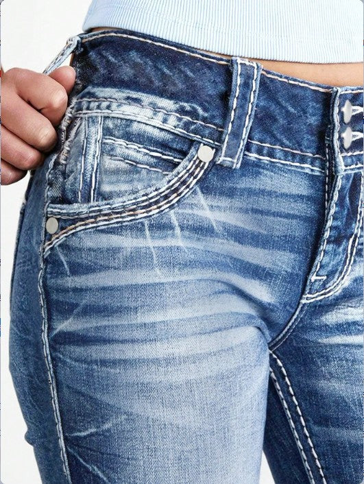 Damen enge High-Waist Skinny-Jeans mit sichtbarer Kontrastnaht Nord Taschen