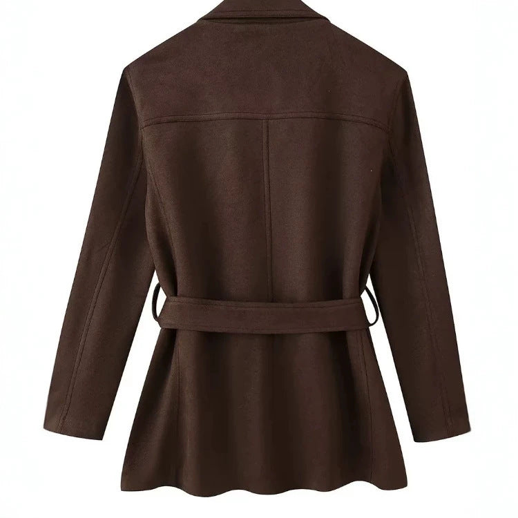 Damen Taillierter Kurzmantel aus Veloursimitat mit Reverskragen und Bindegürtel Nord Taschen
