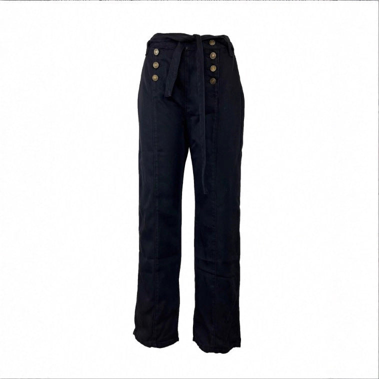 Damen Hochtaillierte, maritim inspirierte weite Jeanshose mit Zierknopfleiste und Bindegürtel Nord Taschen