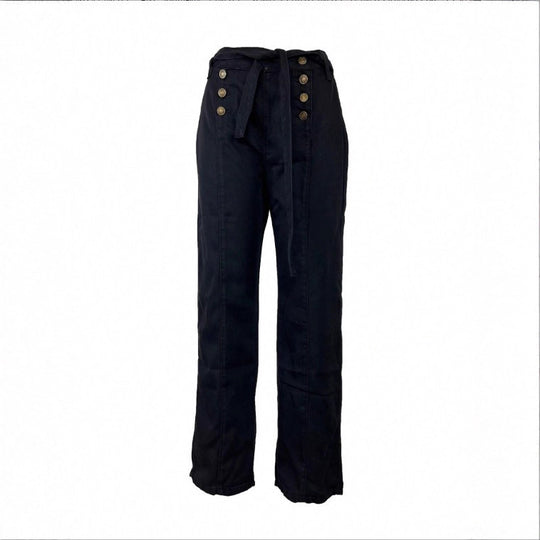 Damen Hochtaillierte, maritim inspirierte weite Jeanshose mit Zierknopfleiste und Bindegürtel Nord Taschen