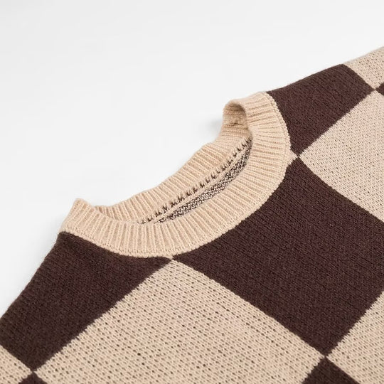 Damen Oversize-Strickpullover mit großem Karo‑Muster und geripptem Saum Nord Taschen