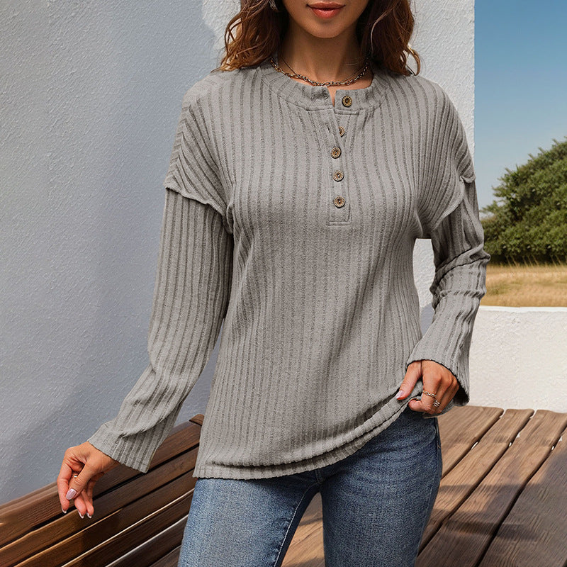 Damen Gerippter Henley-Pullover mit Knopfleiste und überschnittener Schulter Nord Taschen