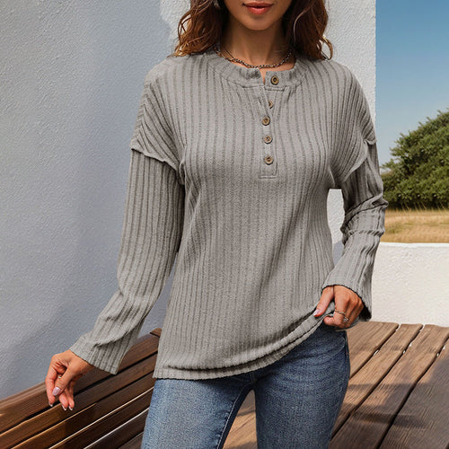 Damen Gerippter Henley-Pullover mit Knopfleiste und überschnittener Schulter Nord Taschen