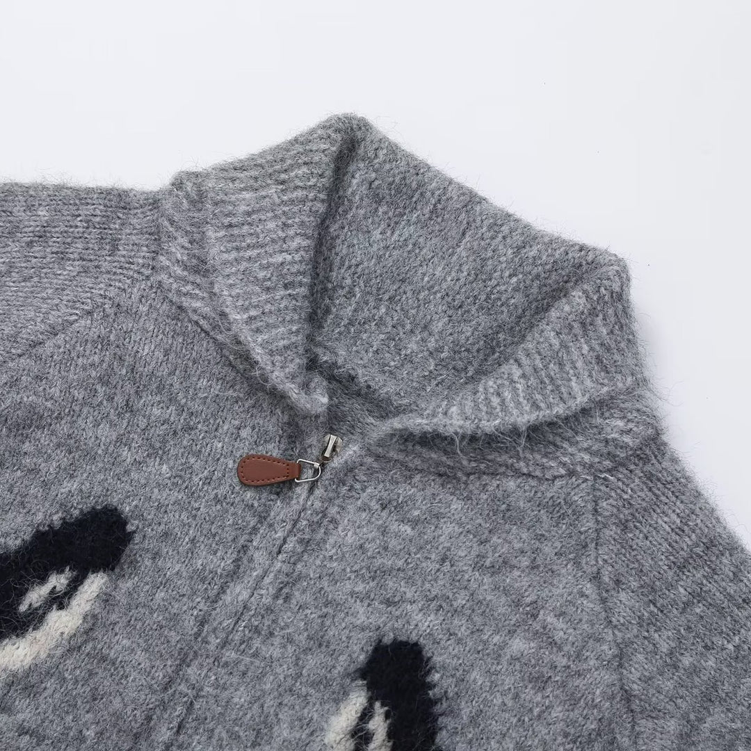 Damen Reißverschluss-Cardigan mit Schalkragen und Intarsienmuster Nord Taschen