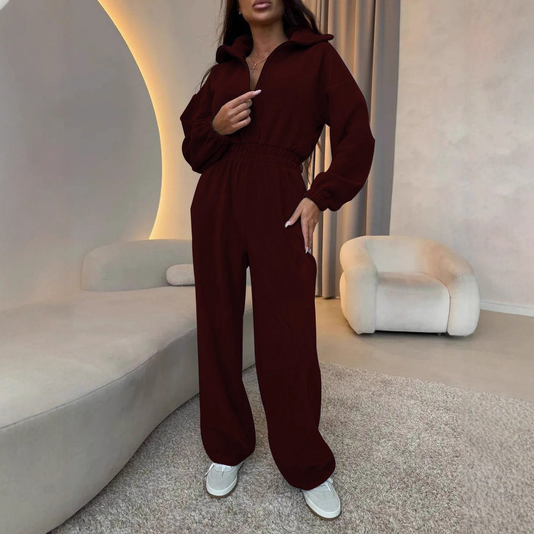 Damen eleganter Lounge-Overall mit elastischer Taillenpartie, Stehkragen, Reißverschluss und weitem Bein Nord Taschen