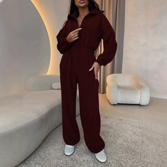 Damen eleganter Lounge-Overall mit elastischer Taillenpartie, Stehkragen, Reißverschluss und weitem Bein Nord Taschen