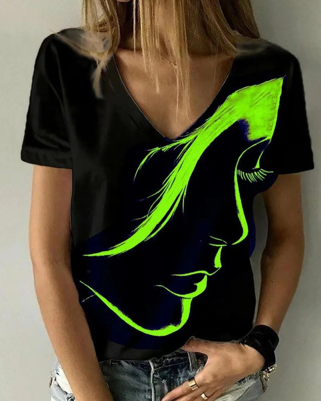 Damen V-Ausschnitt T-Shirt mit kreativem Grafikdruck