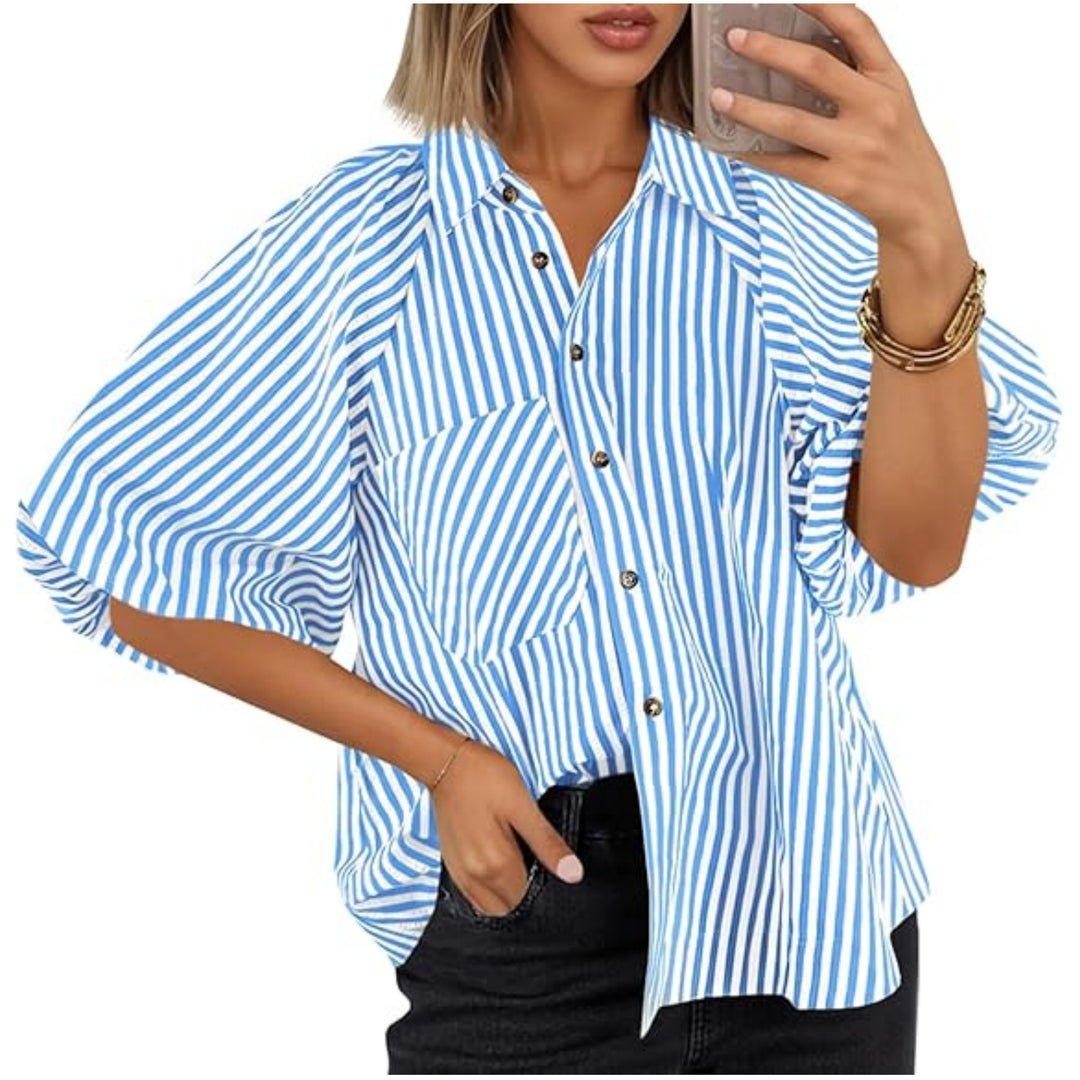 Damen Oversize Hemdbluse mit Ballonärmeln und vertikalem Streifenmuster Nord Taschen