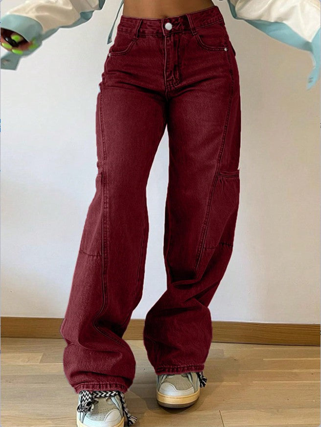 Damen High-Waist weite Cargo-Denimhose mit Nahtpaneelen und Baggy-Silhouette Nord Taschen