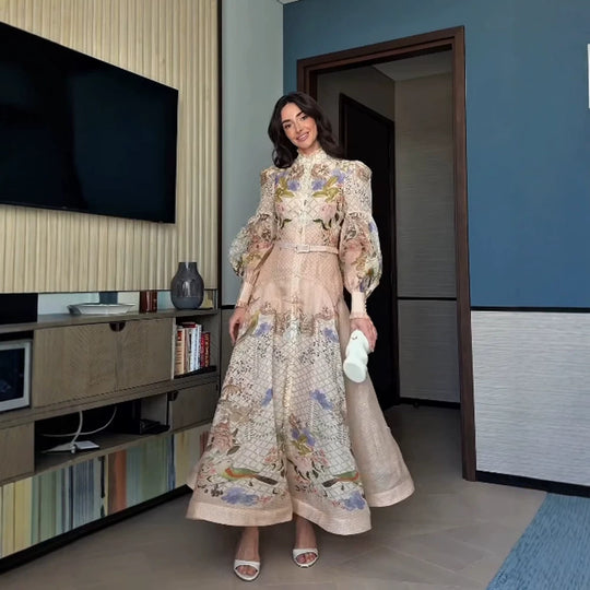 Damen Maxikleid mit floralem Druck, durchgehender Knopfleiste und voluminösen Puffärmeln Nord Taschen