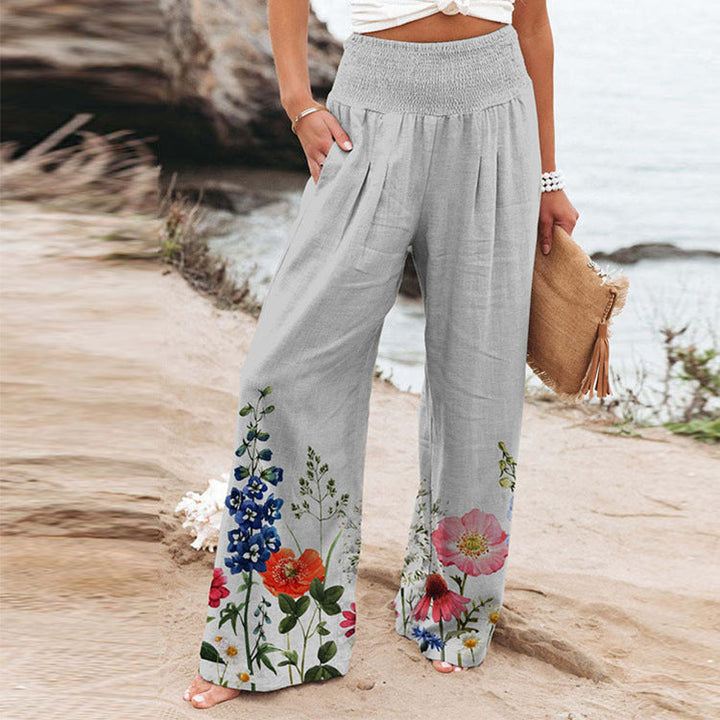 Damen weite Floral-Hose mit elastischem Bund und seitlichen Taschen