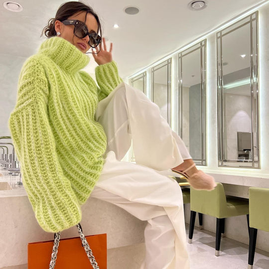 Damen Oversized Grobstrick-Rollkragenpullover mit voluminösen Ärmeln Nord Taschen