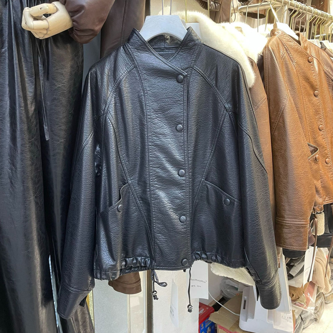 Damen Kurze Lederjacke mit strukturierter Narbung, Stehkragen und Tunnelzugbund Nord Taschen