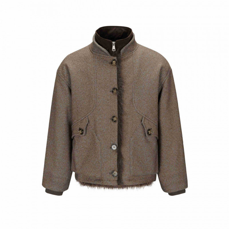 Damen Kurze Boxy-Jacke mit Teddyfutter, Stehkragen und Pattentaschen Nord Taschen