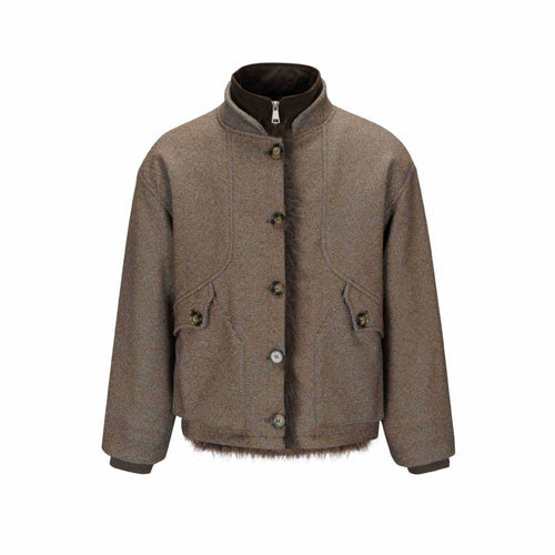 Damen Kurze Boxy-Jacke mit Teddyfutter, Stehkragen und Pattentaschen Nord Taschen
