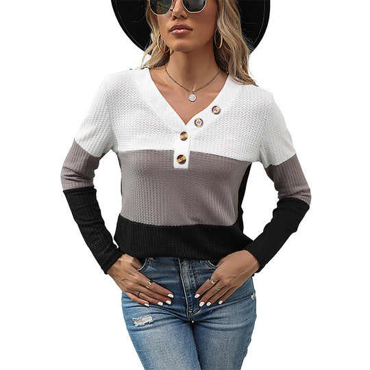 Damen Waffelstrick-Longsleeve mit V-Ausschnitt und Henley-Knopfleiste Nord Taschen