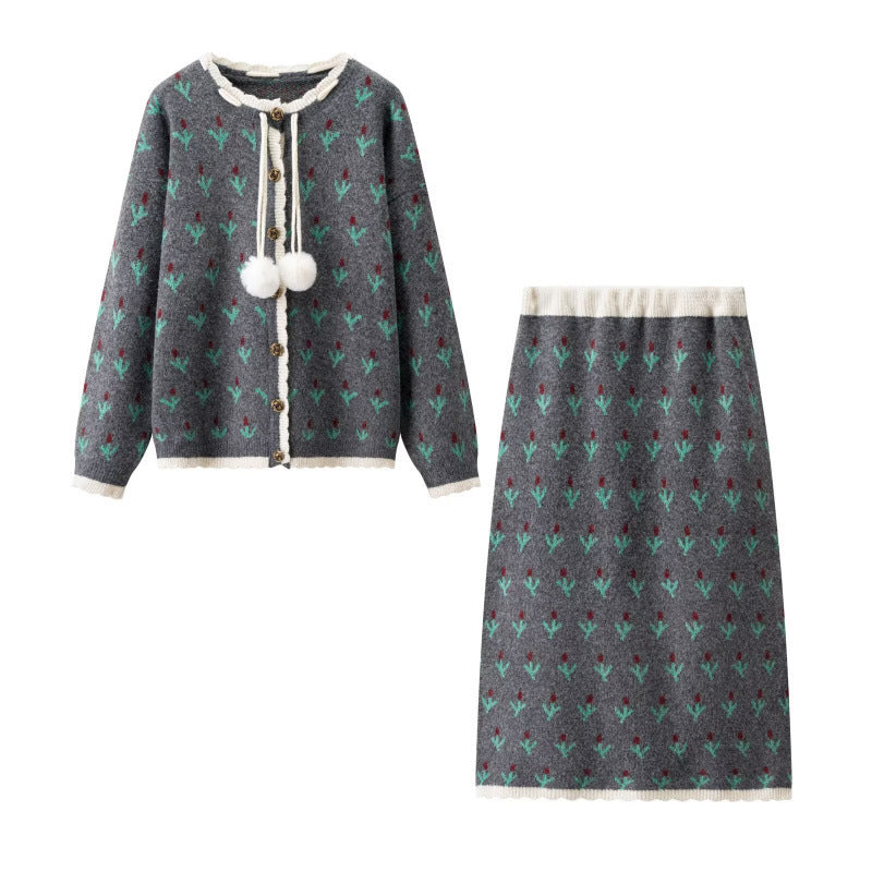Damen Zweiteiliges Strickset mit gemustertem Cardigan, Pomponbändern und Midirock Nord Taschen