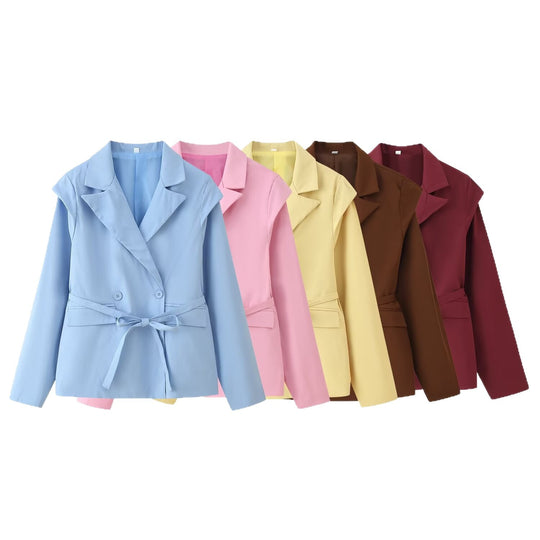 Damen Taillierter Bindegürtel-Blazer mit doppelter Knopfleiste und Reverskragen Nord Taschen