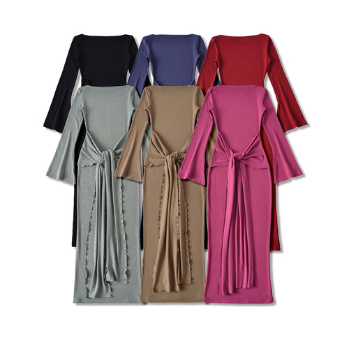 Damen Maxikleid aus Rippstrick mit Trompetenärmeln und Taillen-Knotendetail Nord Taschen