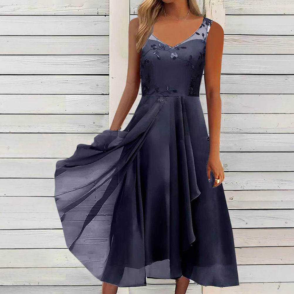 Damen nan A-Linien-Chiffonkleid mit floralem Stickoberteil, V-Ausschnitt, drapiertem Godet-Schwung und verdeckten Seitentaschen