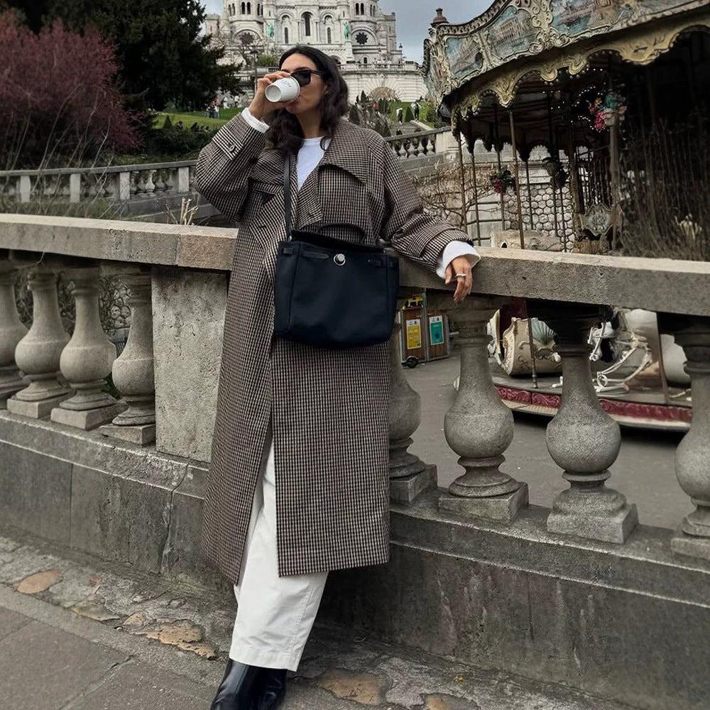 Damen Oversize Mantel im Glencheck mit weitem Revers und fallender Schulterpartie Nord Taschen
