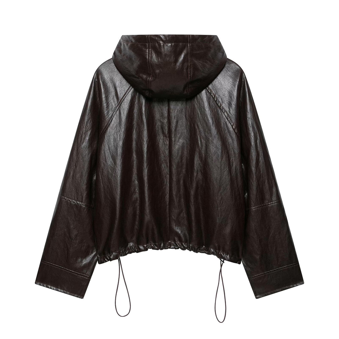 Damen kurze Kapuzen‑Lederoptikjacke mit Tunnelzug Raglanärmeln und Reißverschluss Nord Taschen