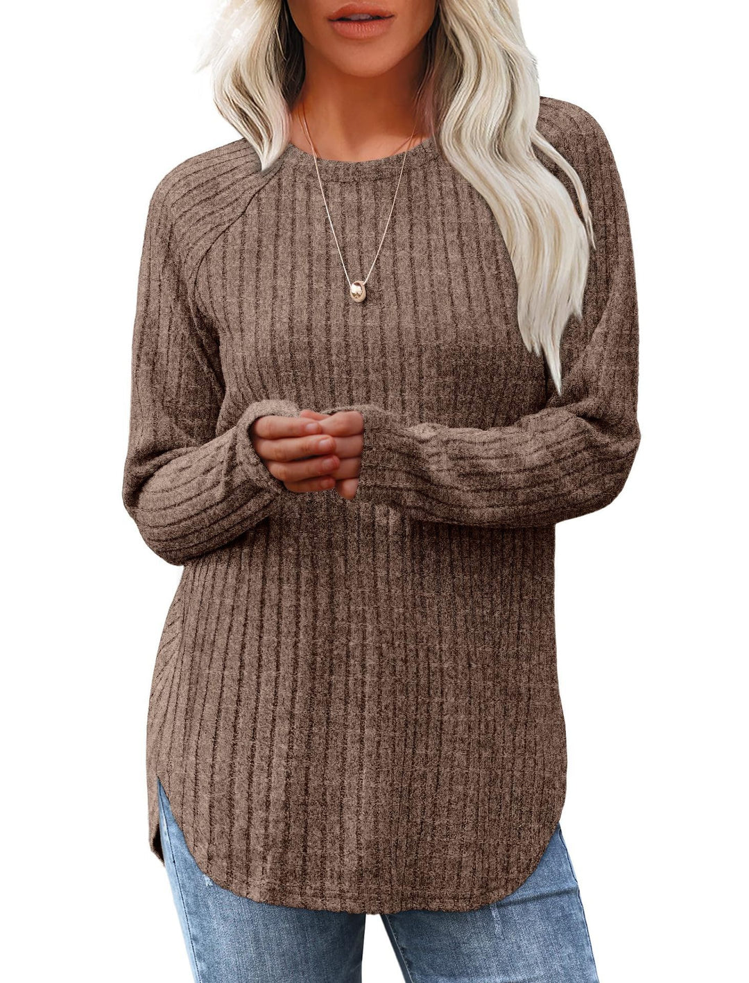Damen gerippter Strickpullover mit Rundhalsausschnitt Oversize-Passform und Seitenschlitzen Nord Taschen