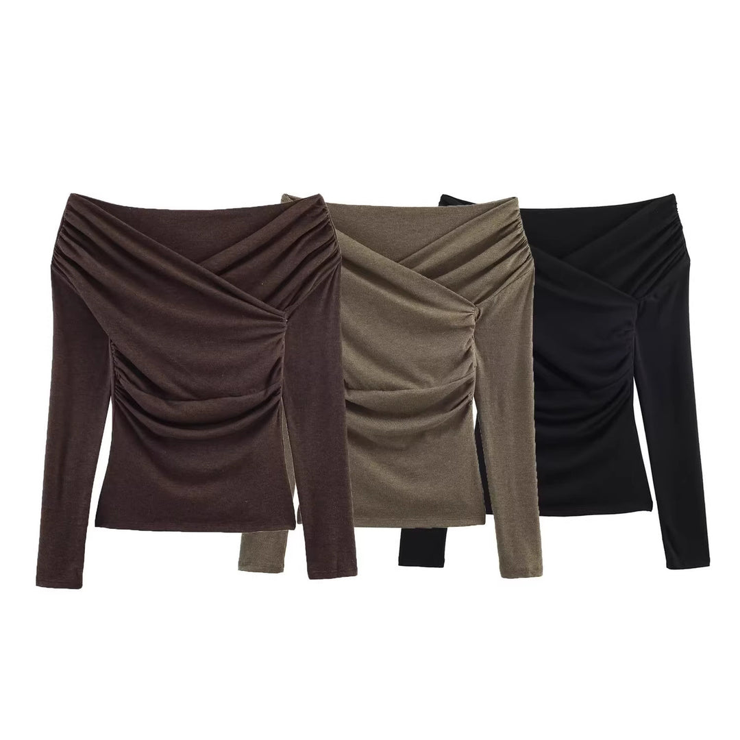 Damen Schulterfreies gerafftes Langarmtop mit Wickel‑Drapierung Nord Taschen