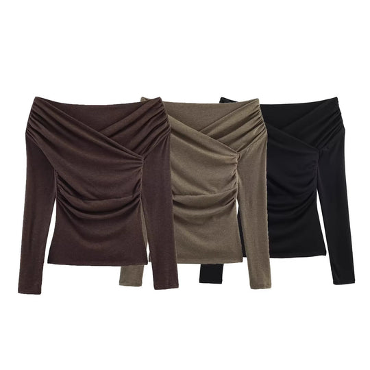 Damen Schulterfreies gerafftes Langarmtop mit Wickel‑Drapierung Nord Taschen