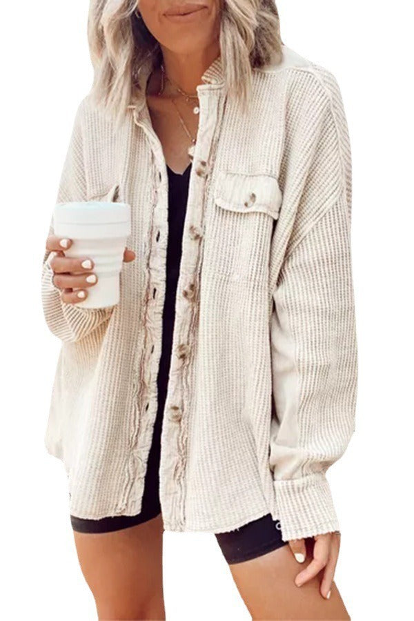 Damen Waffelstrick-Overshirt mit Knopfleiste und Brusttasche Nord Taschen