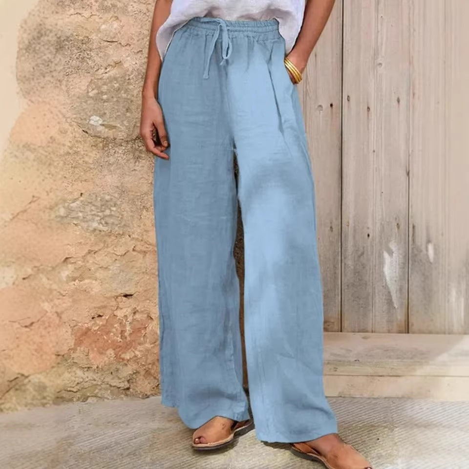 Damen Hochgeschnittene Leinenpalazzo-Hose mit Kordelzug und weitem Bein Nord Taschen