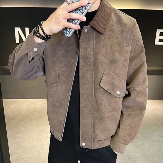 Herren Oversize Utility-Bomberjacke aus Kunstleder mit geripptem Saum und Hemdkragen Nord Taschen
