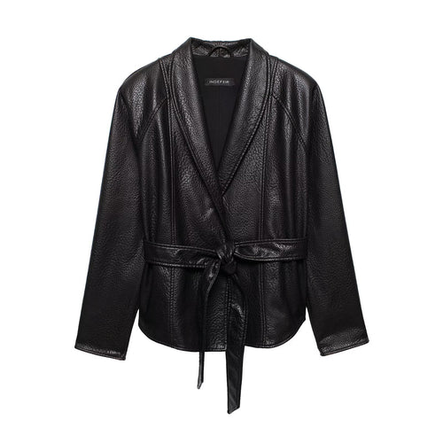 Damen Lederjacke in Lederoptik mit Bindegürtel und Schalkragen Nord Taschen
