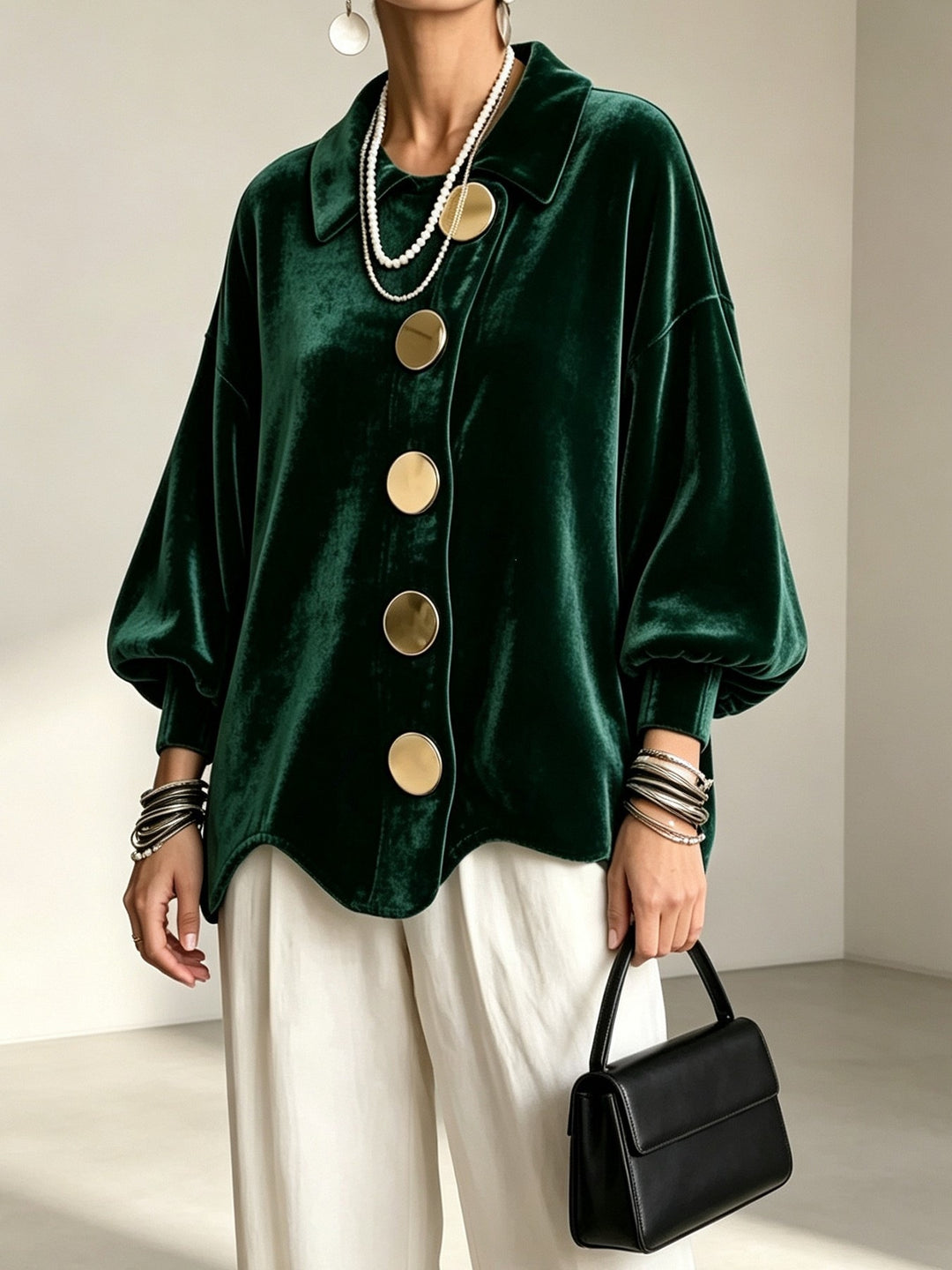 Damen Oversized Samtjacke mit großen Zierknöpfen und Balloon-Ärmeln Nord Taschen