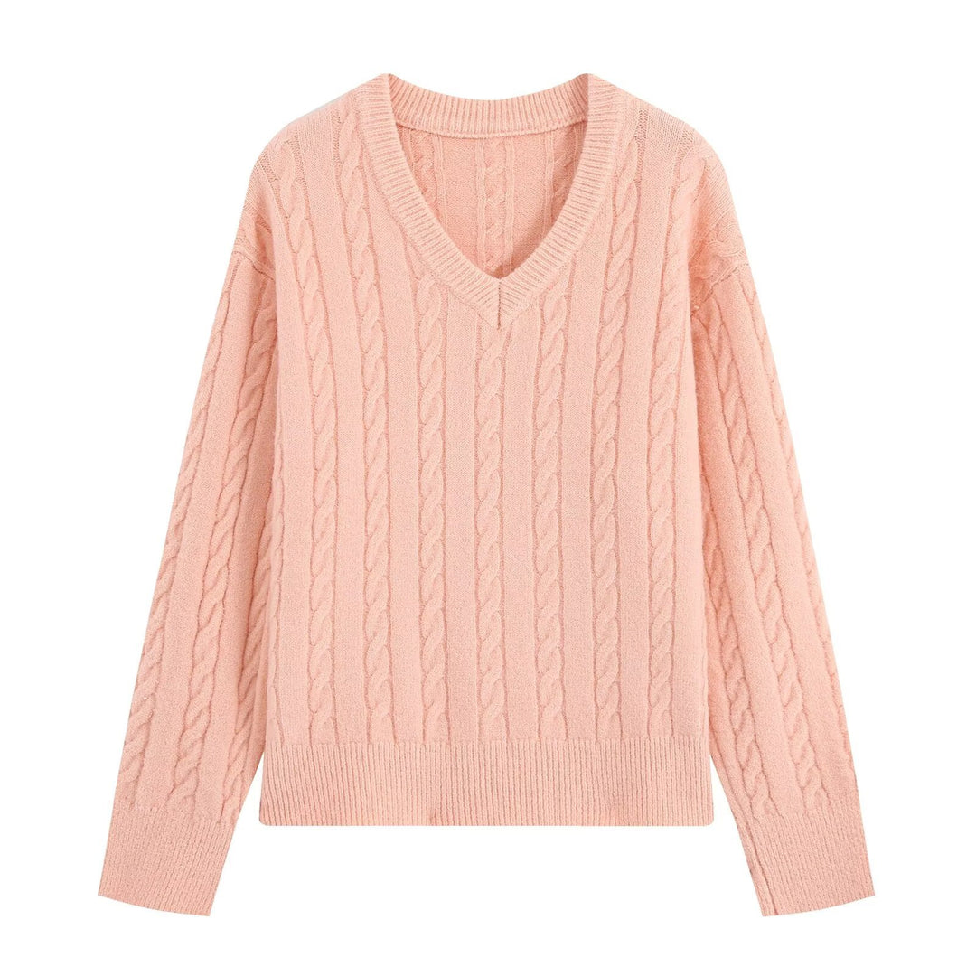 Damen Oversize Zopfmuster-Pullover mit V-Ausschnitt und breitem Rippbündchen Nord Taschen