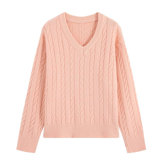 Damen Oversize Zopfmuster-Pullover mit V-Ausschnitt und breitem Rippbündchen Nord Taschen