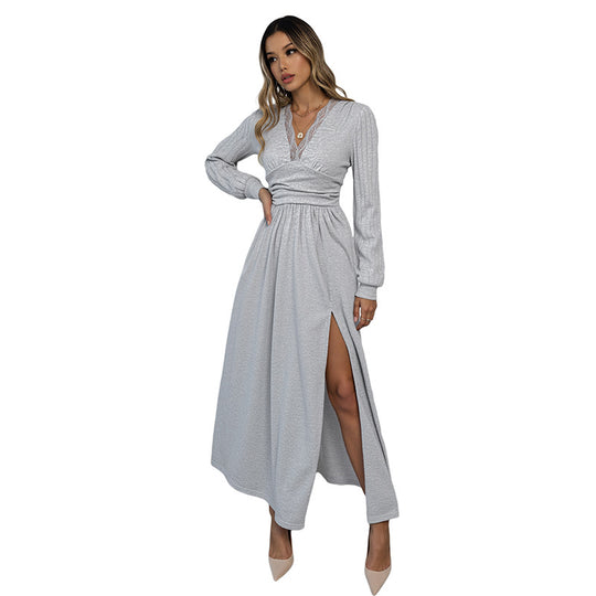 Damen Elegantes Wickel‑Maxikleid mit Spitzenbesatz, tailliertem Knotenbund und hohem Beinschlitz Nord Taschen